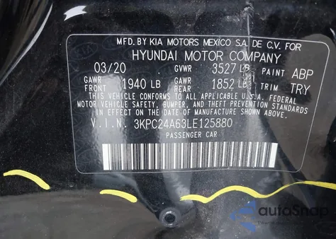 2020 Hyundai Accent Se z USA, uszkodzony, nr VIN 3KPC24A63LE125880